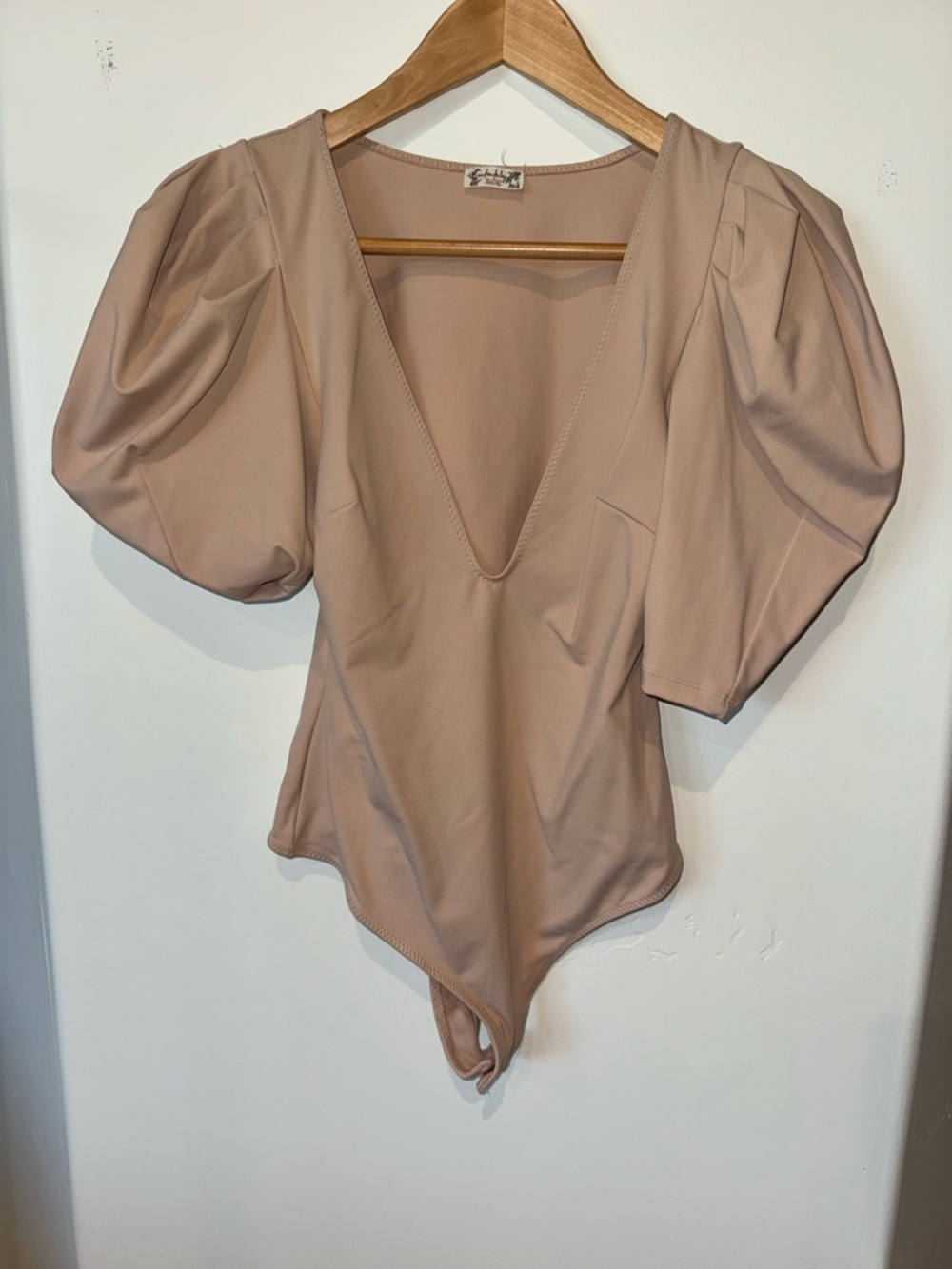 Free People Puff Sleeve V-Neck Bodysuit in Beige